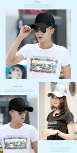 Vues détaillées de casquettes de baseball en mesh montrant l'avant et le côté sur modèles.