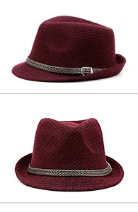 Burgundy knitted fedora hat for men and women featuring a decorative braided buckle band