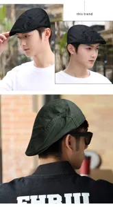 Close-up detail view of men's cotton beret flat cap in black and dark green colors
