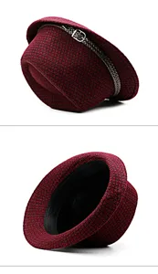 Detailed view of the textured burgundy checkered wool fedora hat with braided band decoration