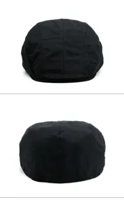 Back and side views of a black cotton beret showing fine stitching details and texture.