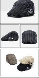 Vintage washed denim flat cap with striped texture and stylish embroidered logo detail