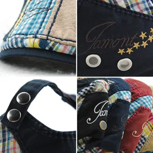 Close-up details of retro patchwork beret with Jamont embroidery and metal buttons.
