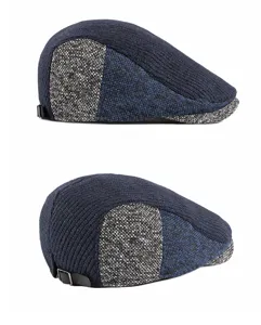 Knitted wool beret flat cap with adjustable strap, dual view of blue and grey textures