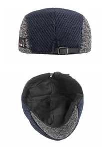 Detailed view showing the adjustable back strap and inner lining of a navy knit flat cap.