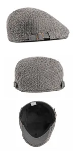 Detail views of a grey knitted flat cap showing texture, back profile, and interior lining.