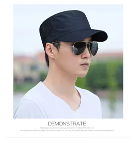 Close-up of men's breathable black mesh flat top army cap for summer outdoor wear