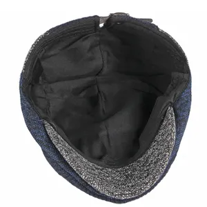 Detailed interior view of a stylish warm knitted newsboy cap with black fabric lining