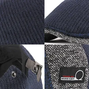 Detail collage of a premium navy blue knitted beret with adjustable metal strap buckle.