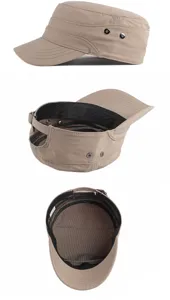 Detailed views showing interior mesh lining and side profile of khaki flat top military cap