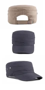 Breathable military style flat top caps in khaki and dark grey with adjustable straps