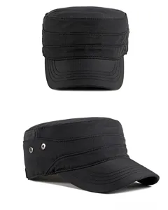 Detail view showing front and side profiles of breathable black flat top military cap