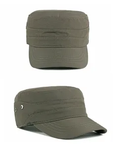 Front and side view of an olive green quick-dry flat-top military sun protection cap.