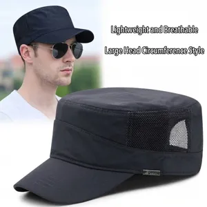 Breathable black flat top military cap for men with lightweight summer mesh panels