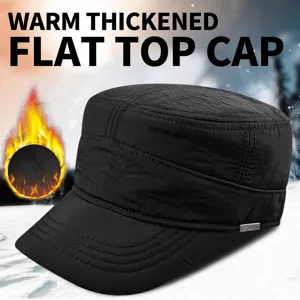 Winter warm fleece-lined black flat top military cap for men outdoor
