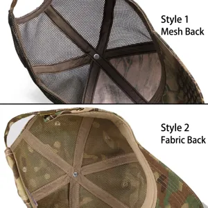 Binnenaanzicht van camouflage baseballpetten met twee verschillende rugstijl opties