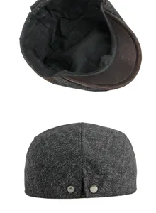 Detailed view of grey herringbone beret showing the inner lining and rear snap buttons