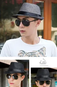 Vetrina dettagliata di eleganti cappelli fedora in lino traspirante neri e grigi