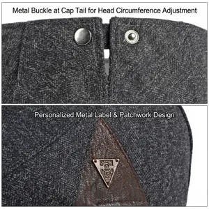Detail of vintage men's winter flat cap with adjustable buckle and metal logo patch.