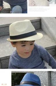 Primo piano di un bambino che indossa un cappello fedora in lino traspirante estivo