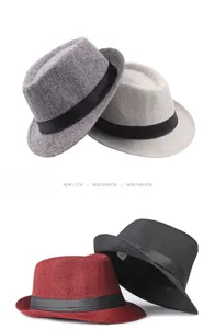 Vista dettagliata dei cappelli fedora in lino traspirante in vari colori per l'estate.