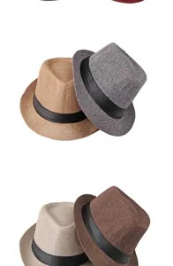 Primo piano di cappelli fedora in lino traspirante in vari colori con nastro nero