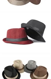 Dettaglio di cappelli fedora in lino traspirante in vari colori per protezione solare