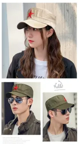 Casquette militaire plate unisexe avec broderie étoile rouge, vue sur modèles