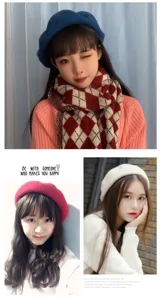 Collage of women's vintage wool beret hats in navy blue, red, and beige colors