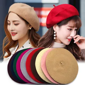 Women Sweet Retro Wool Blend Beret Hat Winter Warm Artist Painter Cap For Kids Adult Solid Color Fashion Autumn Hat