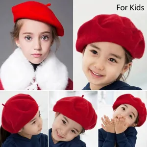 Classic red wool beret hat for kids, warm vintage winter painter style cap for girls.
