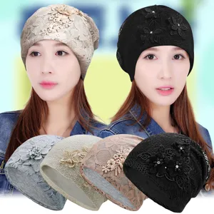Elegante cappello turbante da donna con fiori in pizzo, berretto leggero traspirante