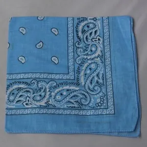Detalle de bandana cuadrada azul claro con intrincado patrón paisley en blanco y negro