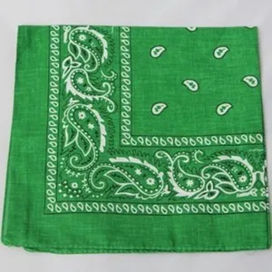 Vista detallada de un pañuelo bandana verde con un patrón clásico de cachemira blanca.