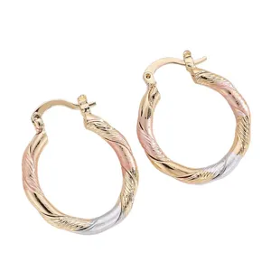Elegante driekleurige gedraaide oorringen met een goud roségoud en zilveren afwerking