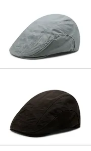 Detailed view of casual cotton beret hats in grey and dark brown for men and women