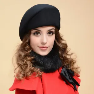Boina de Lana para Mujer Vintage Invierno Cálido Estilo Francés Color Sólido Gorra de Pintor Elegante Fedora para Viajes al Aire Libre