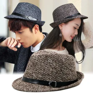 British Vintage Plaid Pineapple Woolen Fedora Hat For Men Women Autumn Winter Warm Gentleman Jazz Hat With Leather Belt Buckle