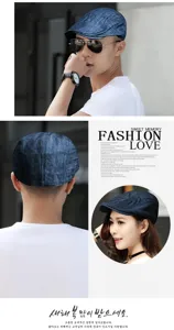 Detail view of unisex casual cotton beret newsboy cap with denim texture finish