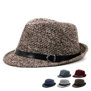 British retro warm plaid wool fedora hat for winter with leather band and buckle details