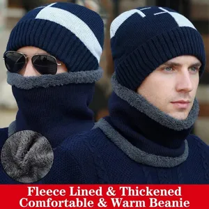 Caldo set invernale da uomo: berretto in maglia e scaldacollo foderati in pile blu