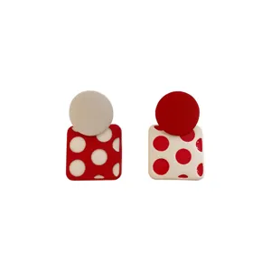 Retro French style red and white polka dot asymmetric geometric stud earrings for women