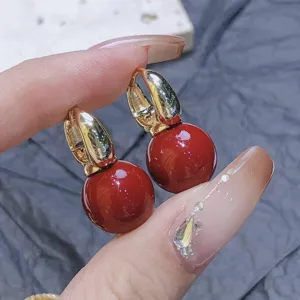 French vintage Anchorage Red spherical drop earrings with gold-toned hoop clasps