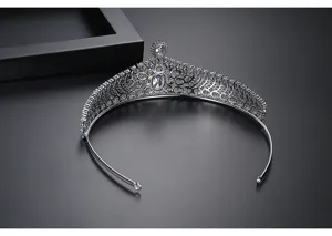 Intricate back detail of silver bridal tiara crown with micro-set cubic zirconia