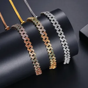 Collier cubain ajustable en laiton avec zircons pavés en trois teintes métalliques
