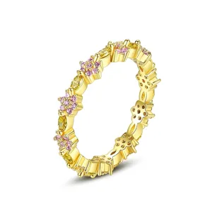 Anillo de Flor de Circonia de Cobre a la Moda para Mujer Anillo de Banda Floral de Pavé Rosa Chapado en Oro Plata Joyería de Dedo