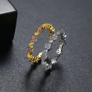 Anillo elegante con diseño de flores y circonitas rosas y blancas, regalo para mujer