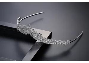 Detailed view of micro-set zircon bridal tiara with elegant leaf pattern in silver finish