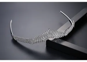 Close-up detail of an elegant silver-plated bridal tiara with micro-paved cubic zirconia