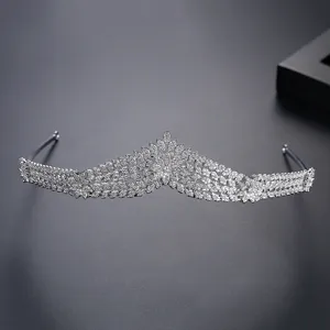 Luxury Zirconia Bridal Tiara European Platinum Plated Copper Crown Micro Inlaid Leaf Floral Wedding Headband Women Hair Jewelry